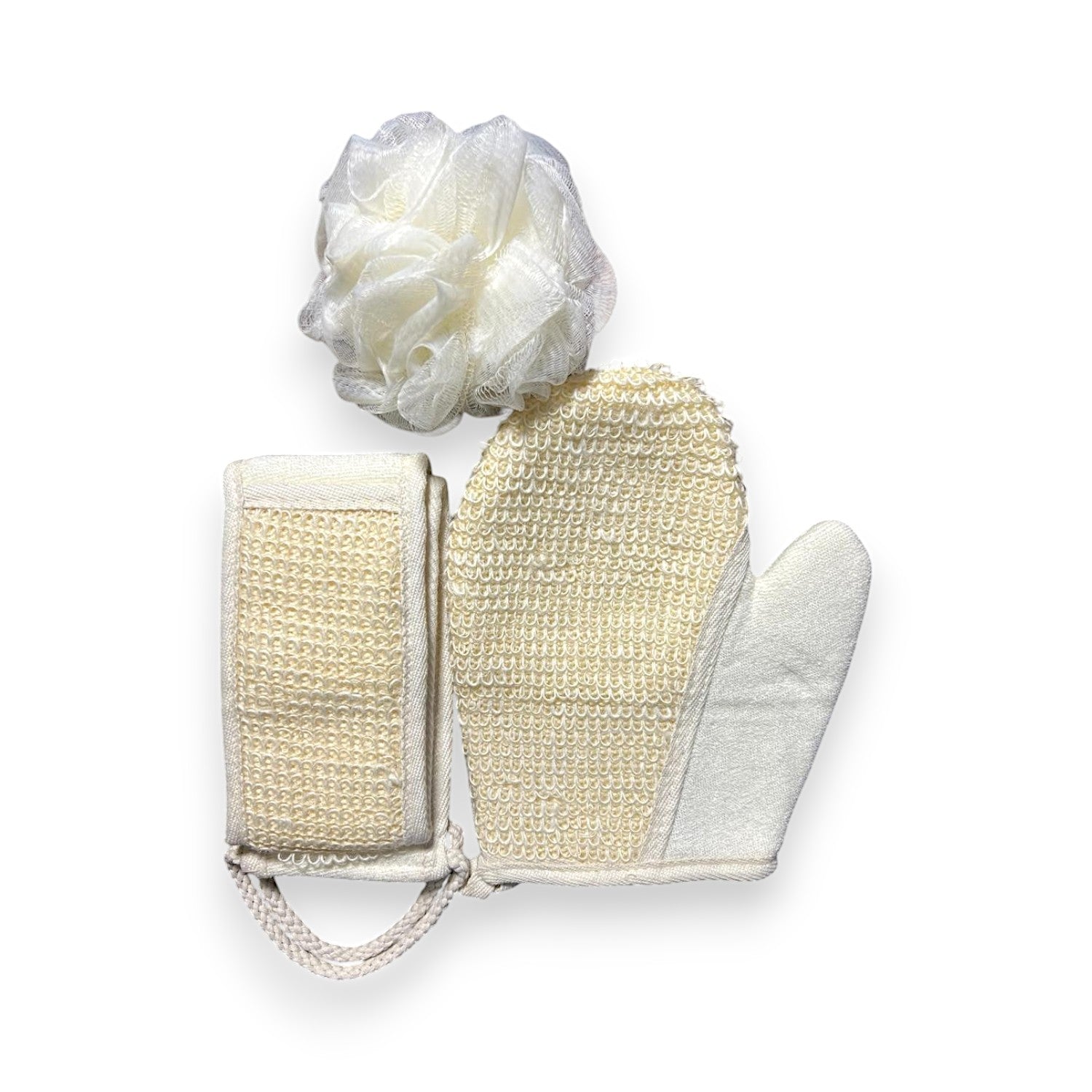 Exfoliating Bath Set: Loofah Gloves, Back Scrubber Belt & Loofah Sponge - Bathing Combo