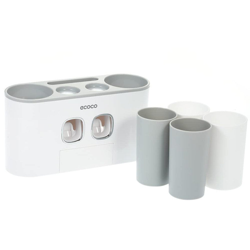 ECOCO Wall-Mounted Automatic Toothpaste Dispenser Set – 2 Dispensers, 4 Cups & 5-Slot Toothbrush Organizer