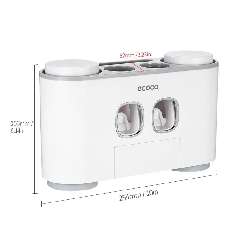 ECOCO Wall-Mounted Automatic Toothpaste Dispenser Set – 2 Dispensers, 4 Cups & 5-Slot Toothbrush Organizer