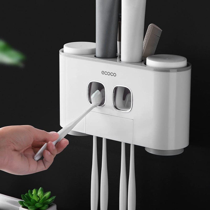 ECOCO Wall-Mounted Automatic Toothpaste Dispenser Set – 2 Dispensers, 4 Cups & 5-Slot Toothbrush Organizer