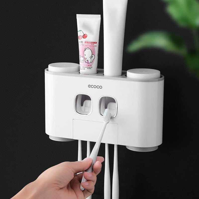 ECOCO Wall-Mounted Automatic Toothpaste Dispenser Set – 2 Dispensers, 4 Cups & 5-Slot Toothbrush Organizer
