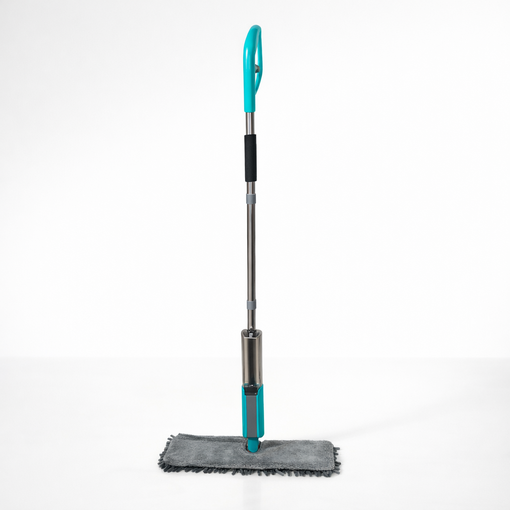 Zidello flip spray mop with stainless steel handle and chenille microfiber mop refill, spraying water while cleaning a tiled kitchen floor for efficient home floor cleaning.