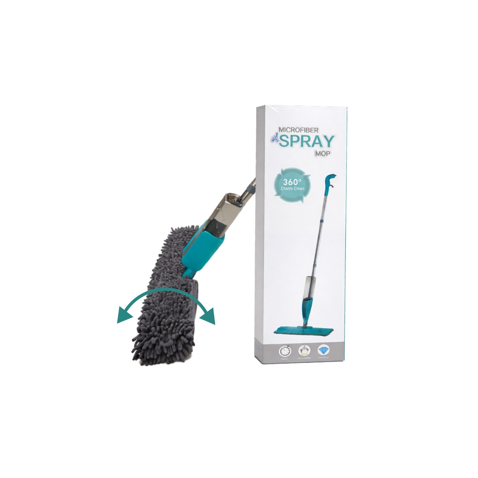 Zidello flip spray mop with stainless steel handle and chenille microfiber mop refill, spraying water while cleaning a tiled kitchen floor for efficient home floor cleaning.