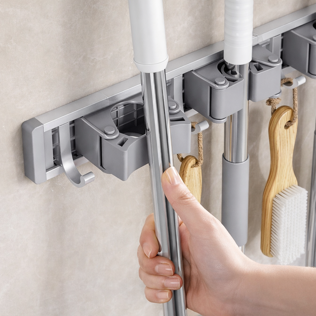 Zidello Aluminium Mop & Broom Holder – Tool Organizer Rack for Kitchen, Bathroom & Garage