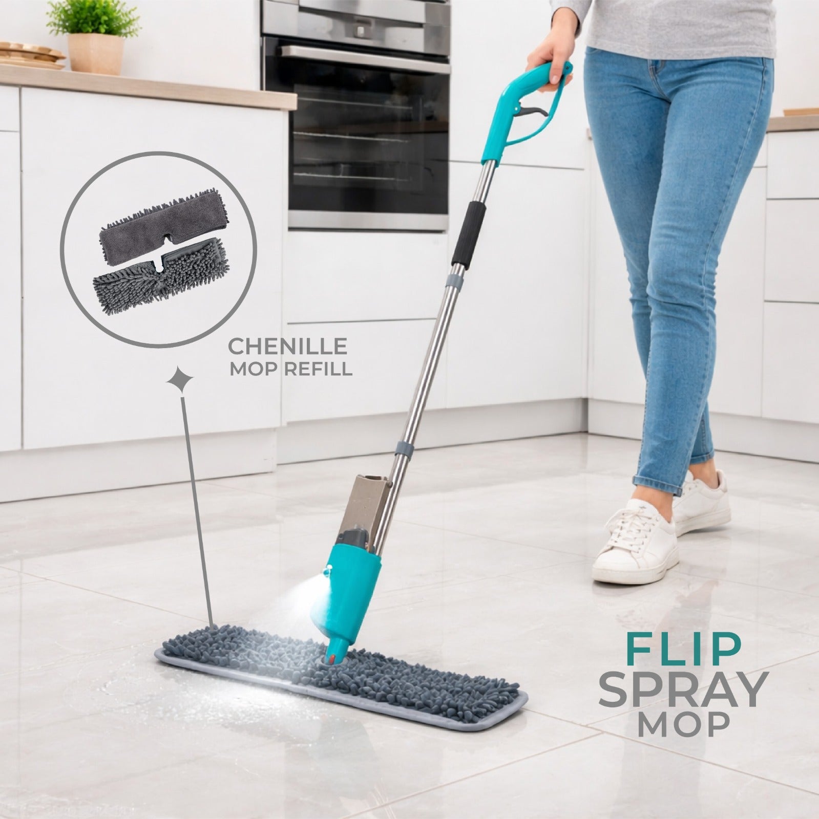 Zidello flip spray mop with stainless steel handle and chenille microfiber mop refill, spraying water while cleaning a tiled kitchen floor for efficient home floor cleaning.