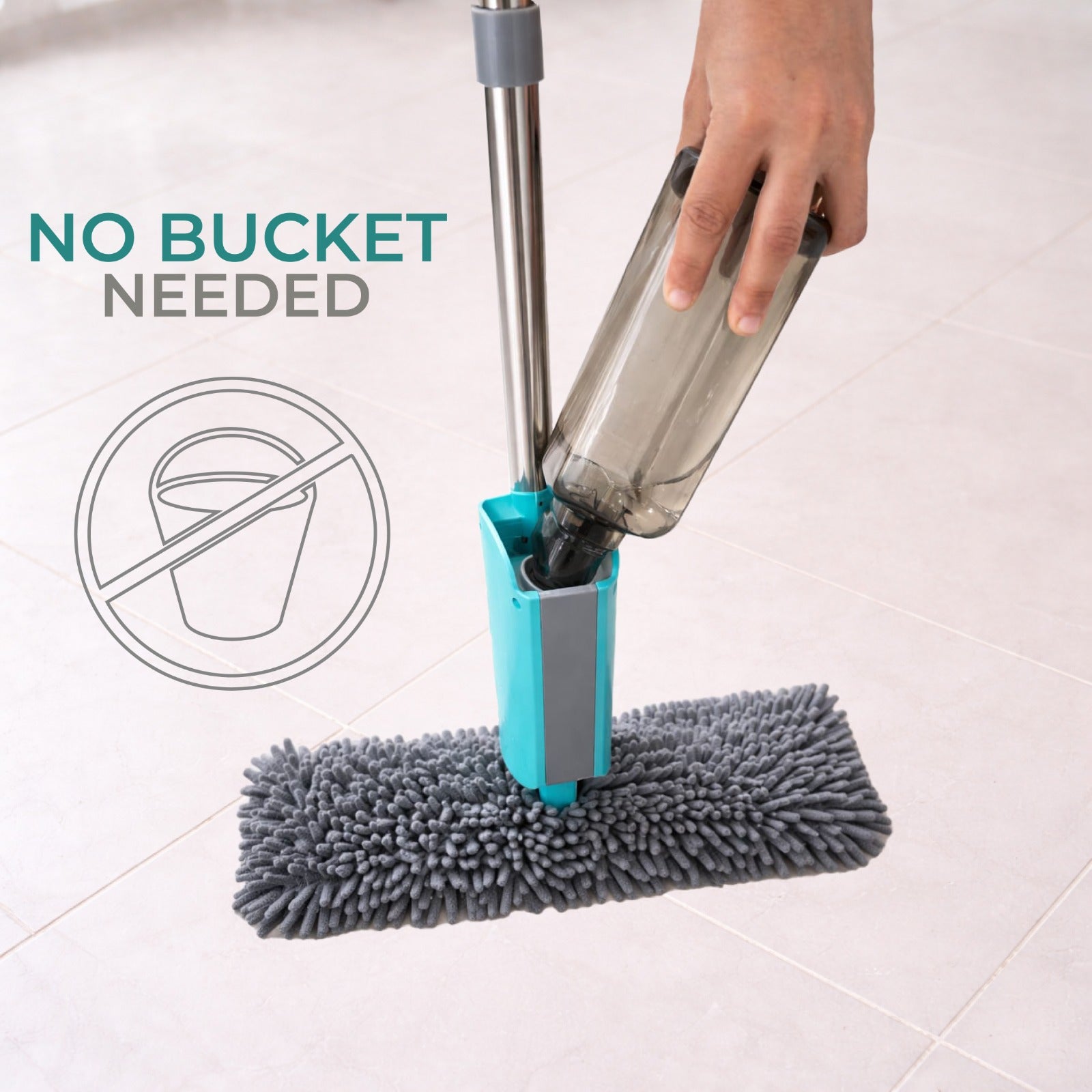 Zidello flip spray mop with stainless steel handle and chenille microfiber mop refill, spraying water while cleaning a tiled kitchen floor for efficient home floor cleaning.