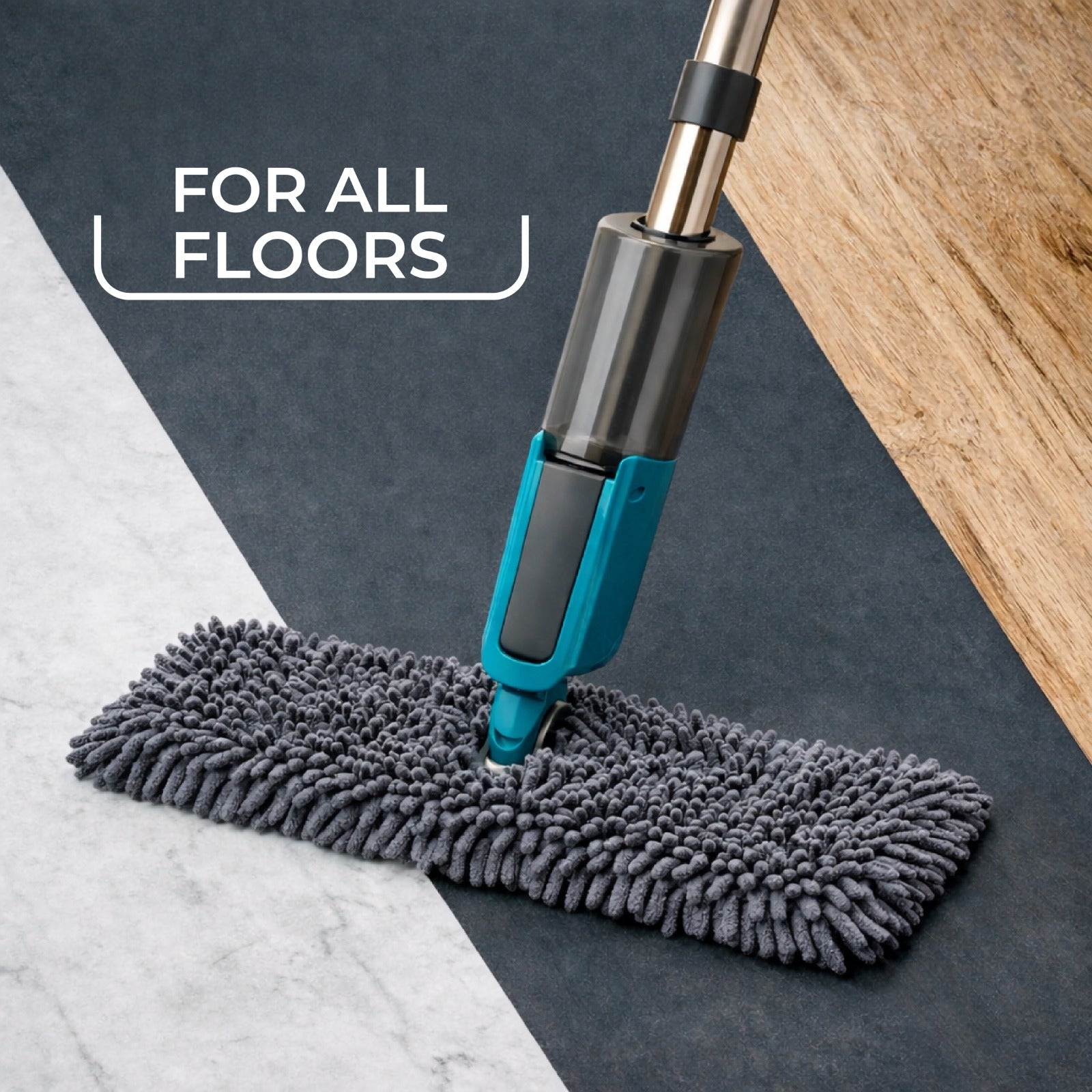 Zidello flip spray mop with stainless steel handle and chenille microfiber mop refill, spraying water while cleaning a tiled kitchen floor for efficient home floor cleaning.