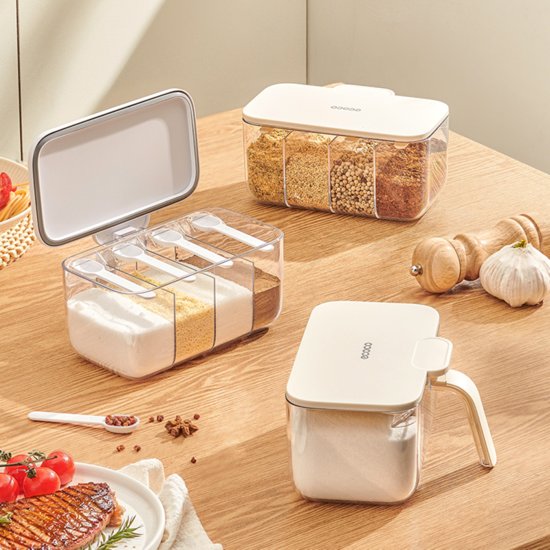 ECOCO 4-in-1 Seasoning Box – Multi-Compartment Spice Storage Container with Measuring Spoon