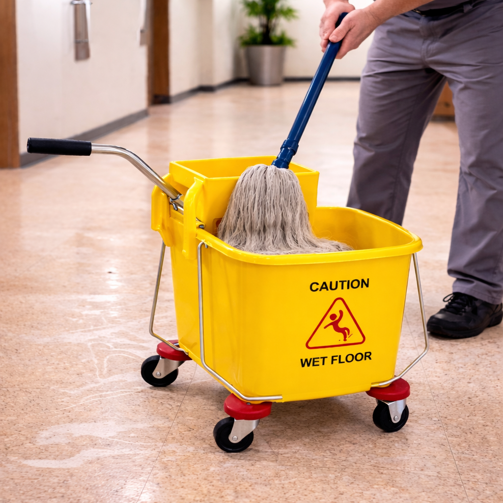 Yellow commercial mop bucket with built-in wringer, red handle, caution wet floor warning, and four swivel caster wheels for easy movement.