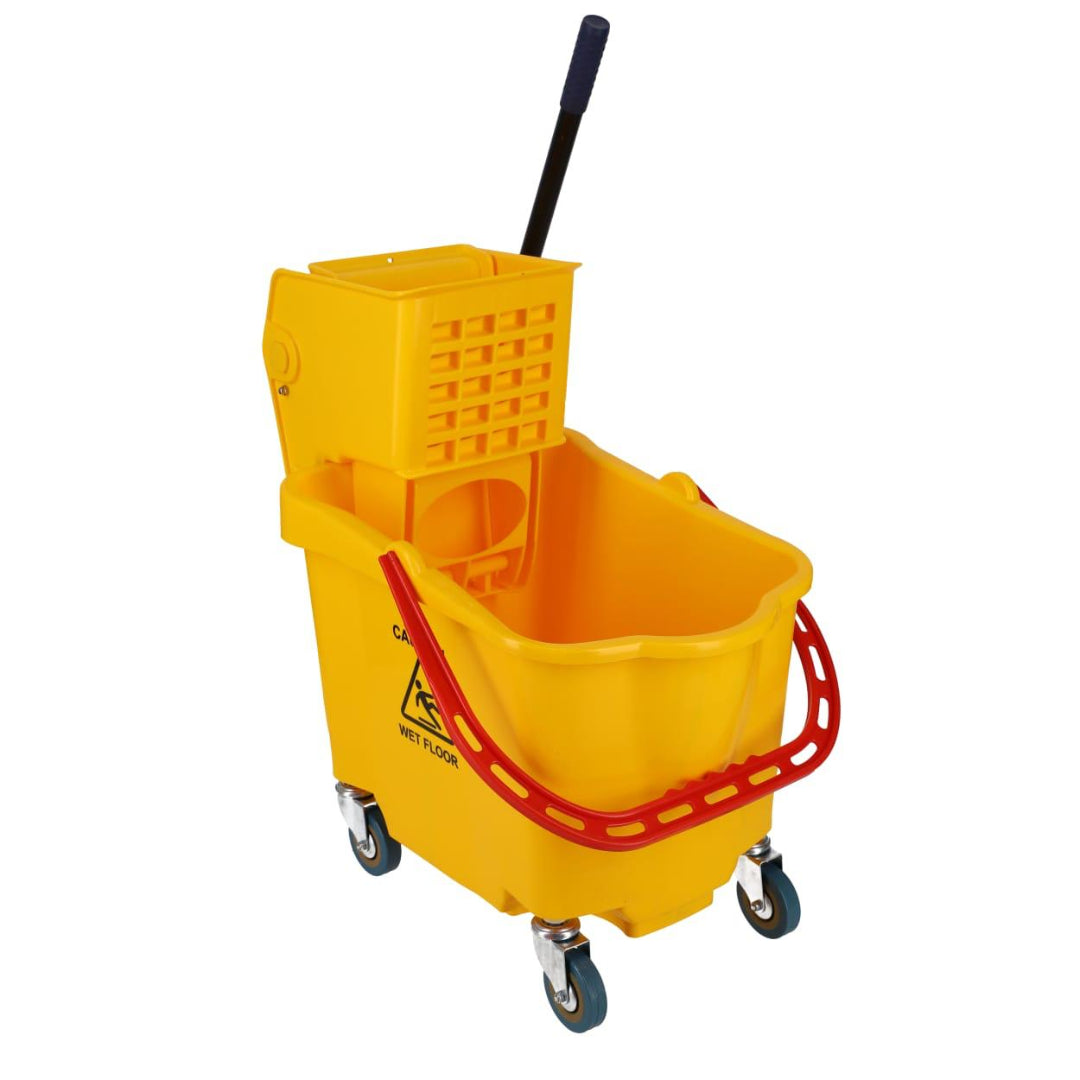 Yellow commercial mop bucket with built-in wringer, red handle, caution wet floor warning, and four swivel caster wheels for easy movement.