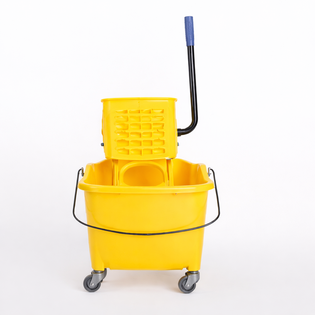 Yellow commercial mop bucket with built-in wringer, red handle, caution wet floor warning, and four swivel caster wheels for easy movement.