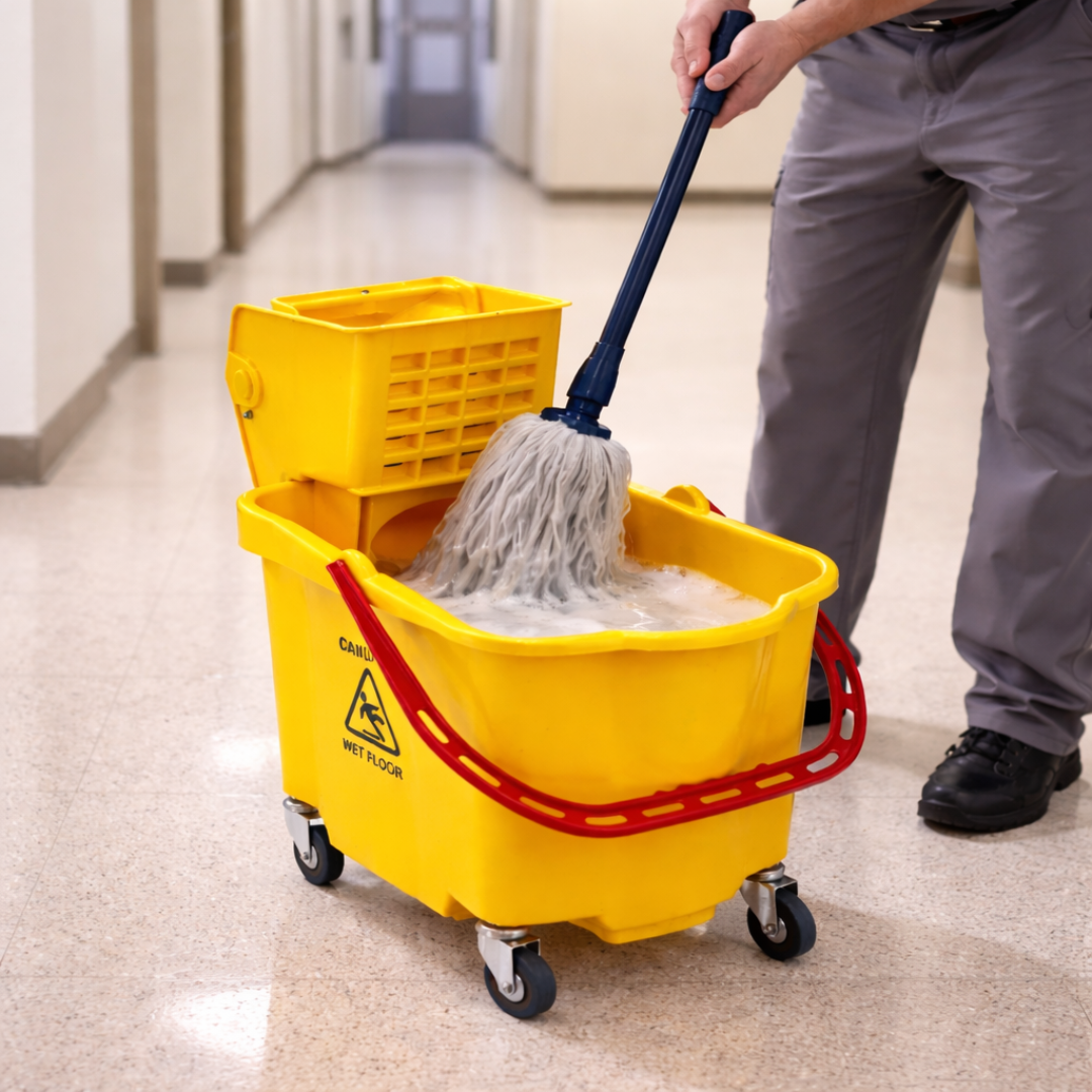 Yellow commercial mop bucket with built-in wringer, red handle, caution wet floor warning, and four swivel caster wheels for easy movement.