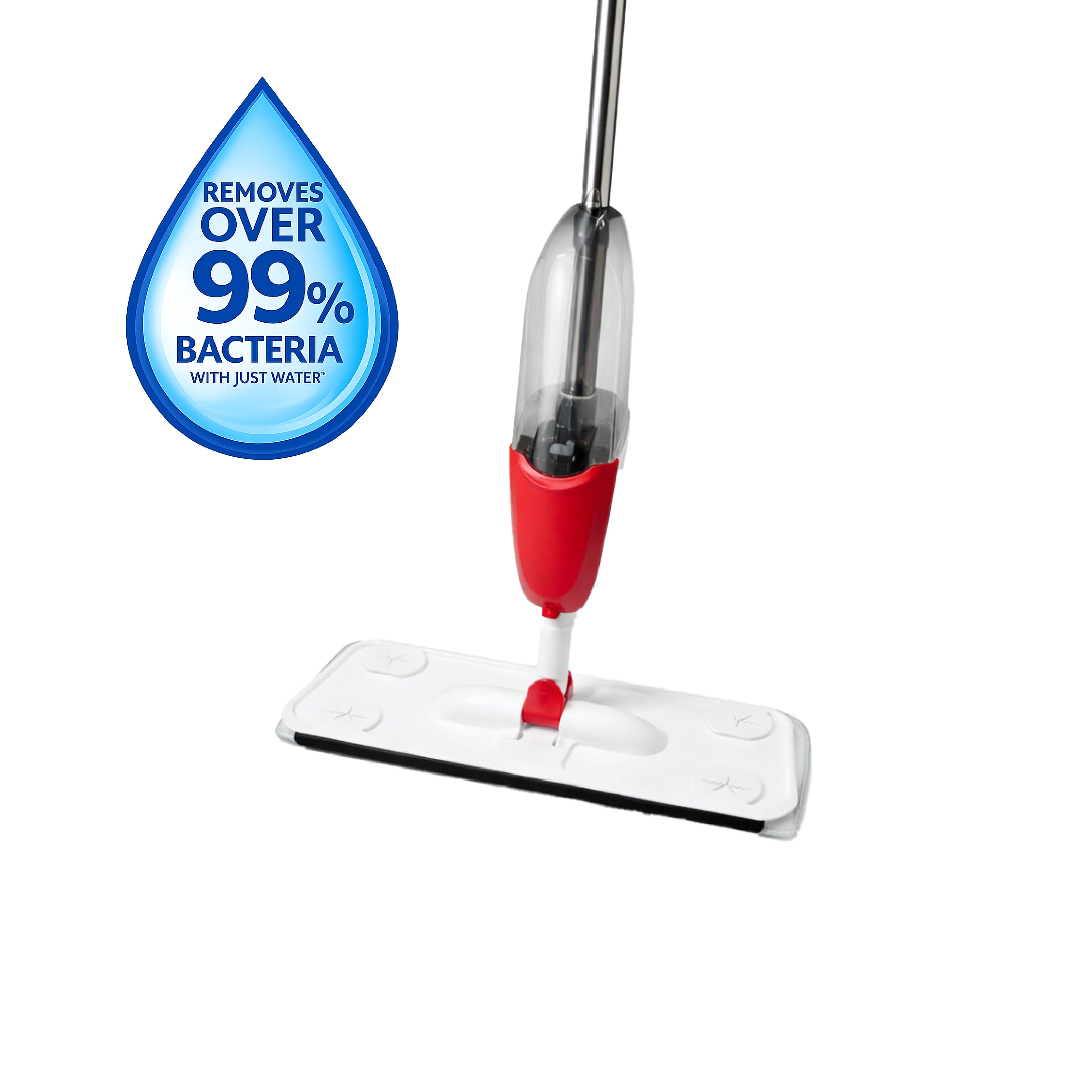 Zidello heavy-duty spray mop with refillable water bottle and flat microfiber mop head spraying cleaning solution on a wooden floor for easy home floor cleaning.